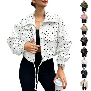 Renaishow Women's Minimalist Long Sleeve Cropped Fabric Jacket - Adjustable Zip-Up, Elastic Drawstring Hem, Lightweight Oversized Utility Anorak with Pockets, Smart Casual Streetwear Top
