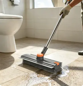 Viral 3 in 1 Floor Scrub Brush with Squeegee,Long Handle Tile Grout Scrubber,Stiff Bristle Bathroom Floor Cleaner Brush for Tile Patio Garage Hardwood,Floor Wiper for Stubborn Stains Grime CleanTok Must-have Cleaning Tool
