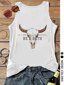 Women's Bull Head Print Round Neck Tank Top Knit, Casual Fashion Sleeveless Fitted Top for Daily Wear, Ladies Clothes for All Seasons, Skull, Socks, Summer, Fitted Sleeveless Design