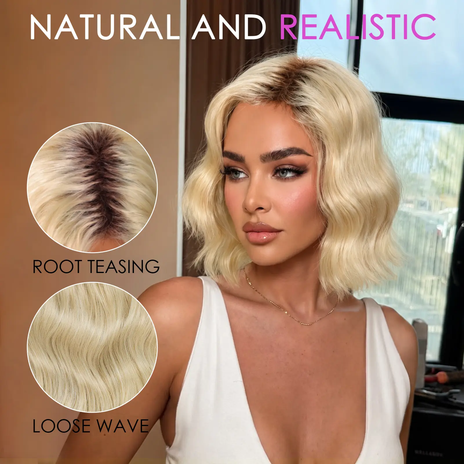 Blonde Side Part Wavy Bob Wig for Women 13 Inch Glueless Wear & Go Synthetic Wig with Dark Roots Lightweight Summer Wig for Daily Wear, Party & Vacation