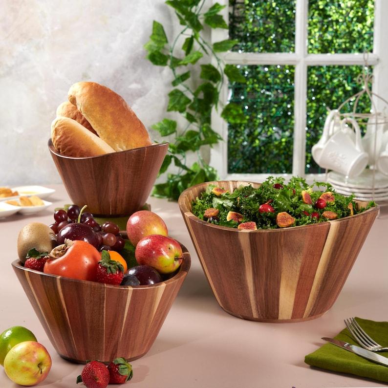 Wavy Wooden Salad Bowl Set (3 pc) 12″-10″-8″ | Hand-Carved Acacia Serving & Mixing Bowls for Salad, Fruit and More | Woodenhouse