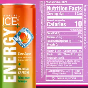 Sparkling Ice +Energy Variety 12Pk. Energy Drinks with Vitamins + Antioxidants, Zero Sugar, Berry Blast, Maximum Mango, Power Punch flavors. 12 fl oz cans.
