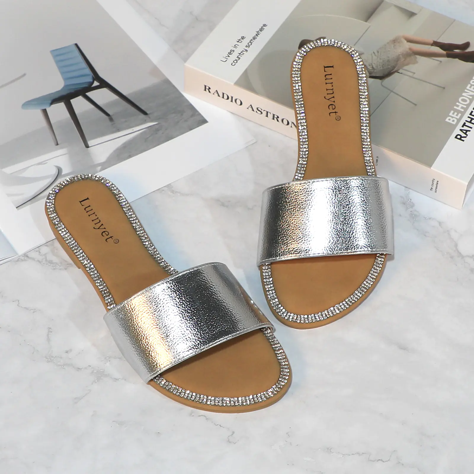 Women's Slip On Flats Sandals with Glitter Rhinestones, PU Leather Open Toe Slides, Comfortable Non-Slip Sole for Summer Casual Wear, Footwear, Daily Wear Sandals, Resort Wear