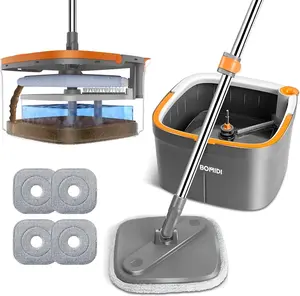 360° Spinning Mop & Bucket System with 2 Extra Microfiber Pads - Self-Separating Design for Hardwood, Tile, Marble, and More Floors - Cleaning Smooth White Set Adjustable