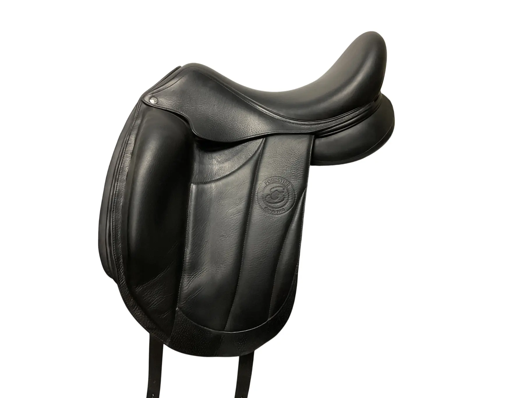 Unisex 17" Seat Equestrian Dressage Saddle - Medium Wide Tree, Black Calf Leather, Monoflap, 3a/15 3/4” Short Flap, Foam Panels, External Full-Length Flap Blocks, Equivalent Tree Point Fit, Seat 17"