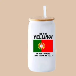 Funny Portuguese 16oz Glass Libby Cup Drinkware Beverage Reusable Washable Reuse with I'm Not Yelling I'm Portuguese That's How We Talk Design