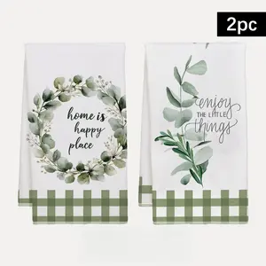 2pcs 23.6x15.7 In Kitchen Towels For The Spring Festival Featuring A Green Branch Wreath Pattern And A Green Checkered Design With The Phrase 'Home Is A Happy Place'. Measuring These Towels