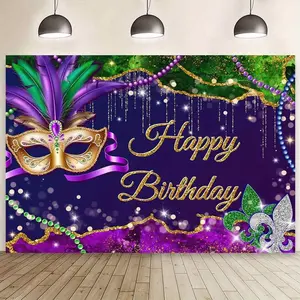 1pc Mardi Gras Backdrop Birthday Theme Masquerade Design Purple Green Mask Beads Confetti for Photography