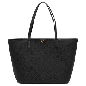Tory Burch Women's Medium Black Tote Bag - T Monogram, Double-T Print, Fabric-Leather Mix, Structured Shape, Secure Zipper Lock Closure