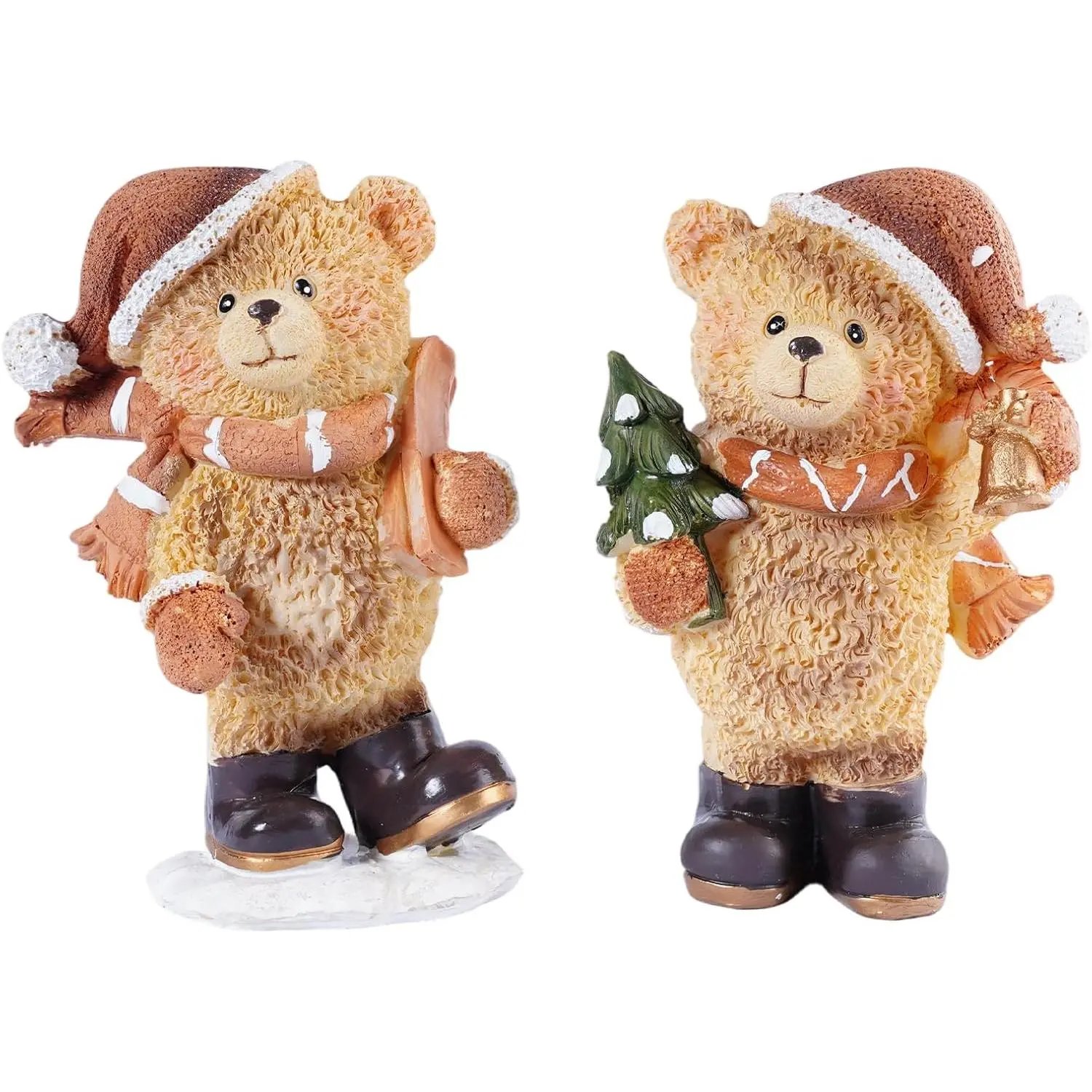 Set of 2 Small Teddy Bear Figurines Resin Christmas Bear Decor Winter Tabletop Statue Cute Animal Teddy Bear Decorations for Home Mantel Shelf Living Room Little Bears Ornament