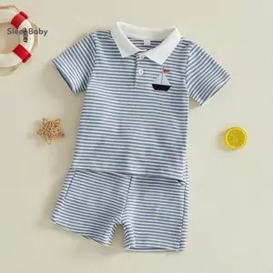 2 Pcs Set Toddler Baby Boy Summer Outfit Sailboat Embroidered Striped Button Turn Down Neck Short Sleeve Tops and Shorts