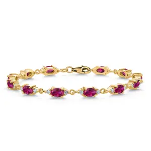 Gem Stone King 18K Yellow Gold Plated Silver Red Created Ruby and White Moissanite Tennis Bracelet For Women (6.91 Cttw, Gemstone Birthstone, Oval 6X4MM, 6.5, 7, 7.5 Inch)
