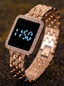 Women's Elegant Rhinestone Decor Digital Watch, Fashion Square Dial Digital Watch for Women & Girls, Trendy All-match & Exquisite Watch for Birthday Gift, Rhinestones Decor Wristwatch