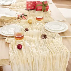 Bohemian style pleated gauze table runner with a French country vintage semi sheer design suitable for home decor wedding parties and holiday gatherings