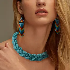 1 necklace +1 pair of earrings, Bohemian retro multi-layer rice bead necklace, tassel earrings, ladies' jewelry set, festival gift, birthday gift