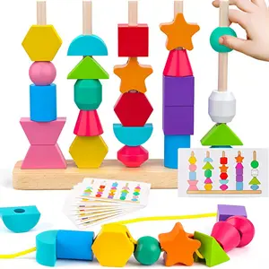 Wooden Shape Sorter Toy Set Stacker, 1 Set Colorful Beads Sorter Toys with Cards, Creative Learning Toy for Home Nursery Use