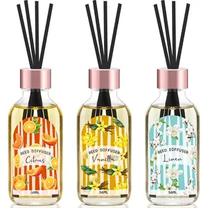 CHANT CHARM Reed Diffuser Set Of 3 Pack, Linen Vanilla Citrus Scented Oil Diffuser With 15 Sticks, Reed Diffusers For Home, Bathroom Air Freshener, 1.7 Fl.Oz Each, Total 5.1 Oz