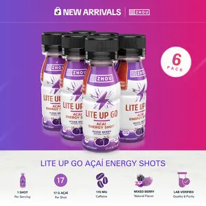 Zhou Lite Up GO Clean Energy Shot Drink - 6-Pack of Individual Bottles With Natural Berry Flavor