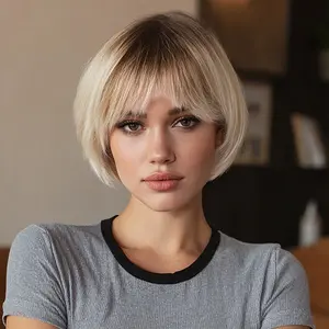 SMILCO/8-inch | Ombre White Gold Straight Bob with Bangs Synthetic Heat Resistant Wig/SM166-1