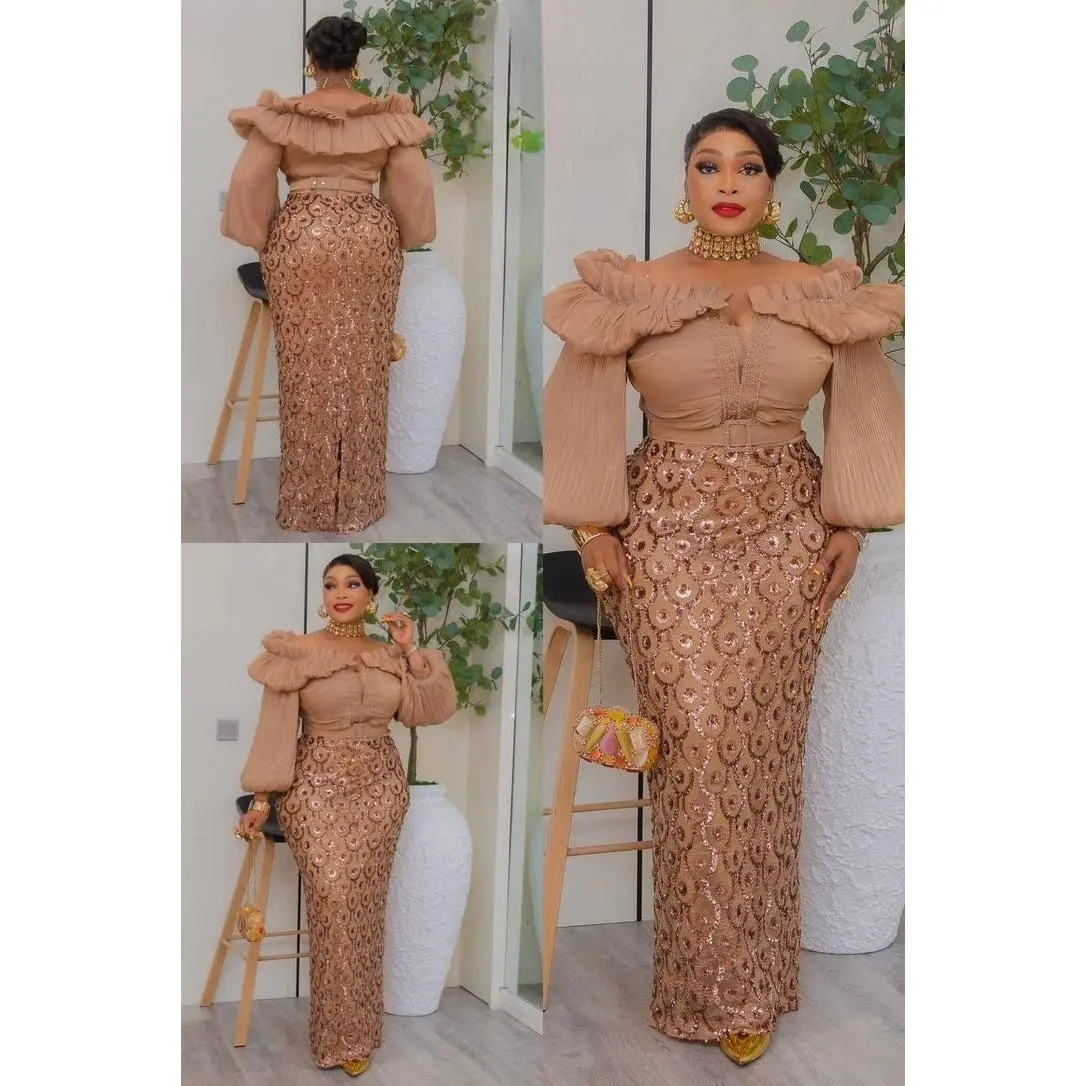 Off-The-Shoulder Sequin Bishop Sleeve Party Dress: Wedding Birthday Cocktail Gala