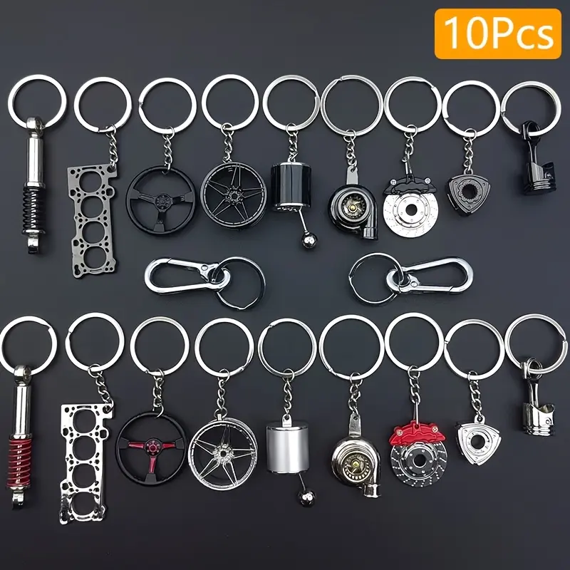Car Enthusiast Keychain Set 10 Pieces Zinc Alloy Casual Style with Gear Shift Lever Turbo Wheel Hub Shock Absorbers Engine Parts Brake Discs Pistons Perfect Gift for Car Enthusiasts gifts for bestfriend