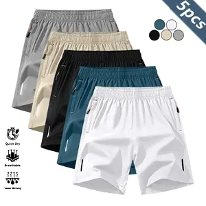 Men's Solid Color Zipper Pocket Shorts - Summer Casual Comfortable Breathable Three-Quarter Pants, Everyday Wear Men's Bottoms, Pack of 5