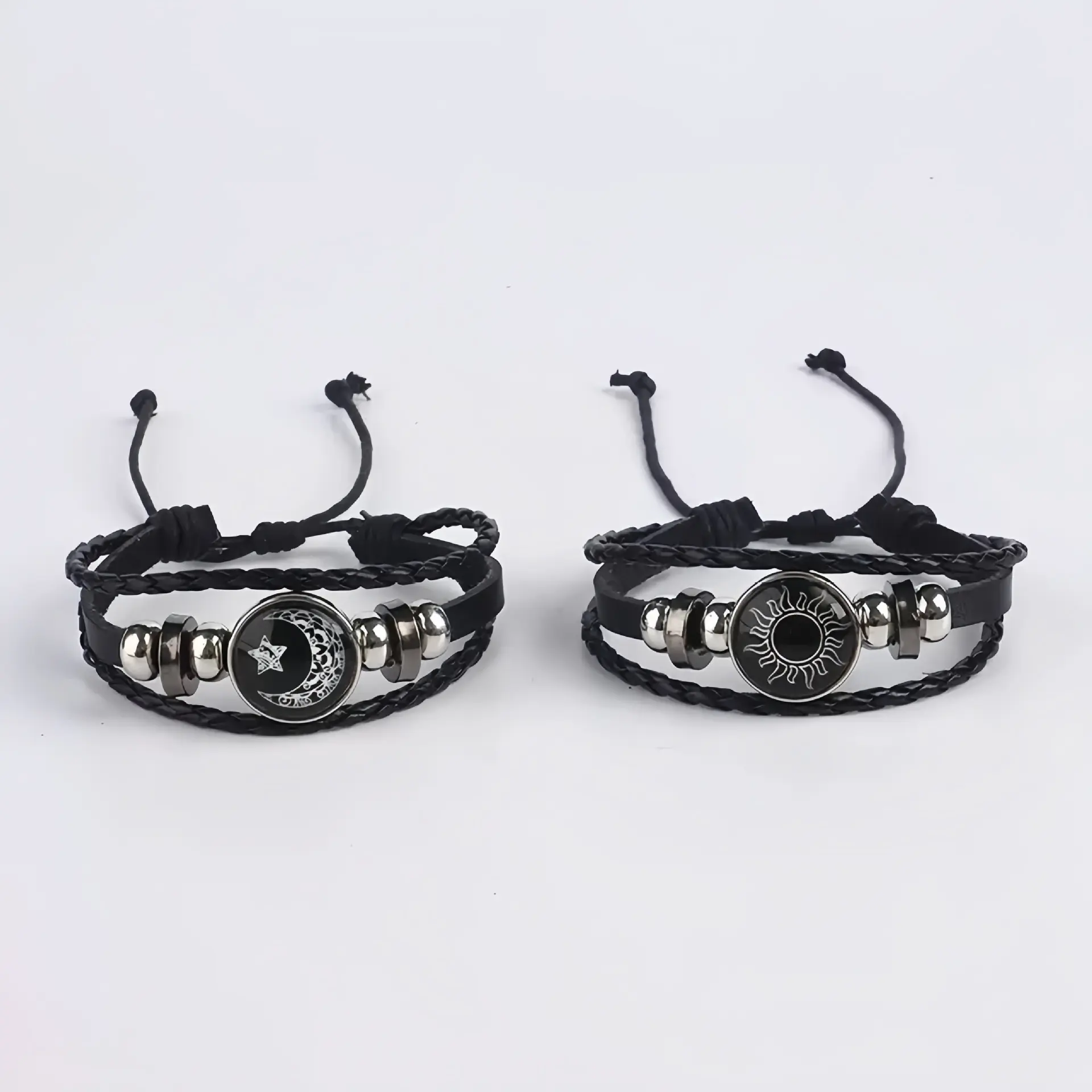Men's & Women's 2-Piece Glow-in-the-Dark Sun & Crescent Moon Punk Couple Bracelets - Multilayer Woven PU Leather Wristbands with Artificial Crystals, Bracelet Stacking Option, Valentine's Gift for Daily Wear (No Plating, Gifts for Girlfriend)
