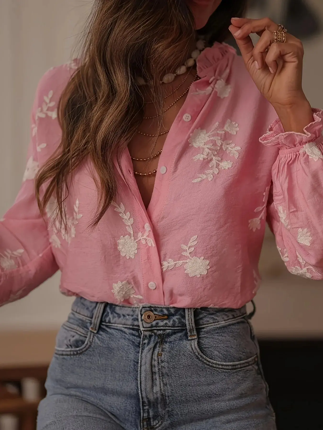 Flower Button Up Long Sleeve Shirt