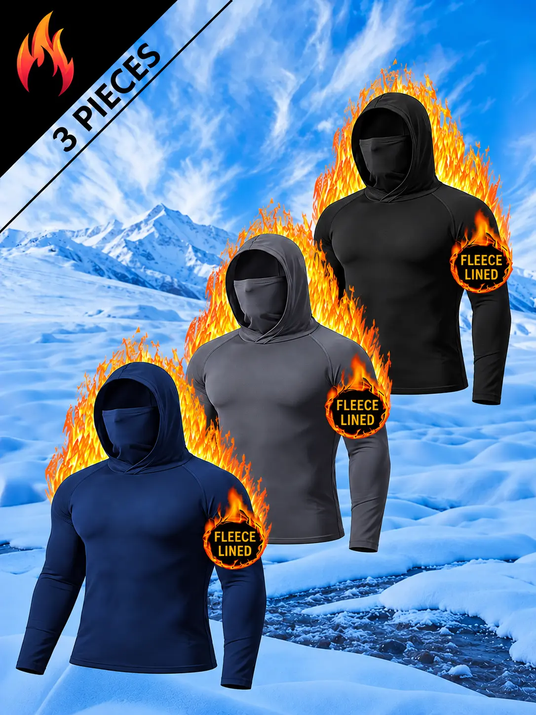 3-Pack Men's High-Neck Fleece-Lined Shirts, Winter Thermal Compression Tops for Skiing, Gym Workouts & Outdoor Activities