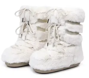 Winter Snow Boots Mid-calf Lace-up Rabbit Fur Women Ski Boots