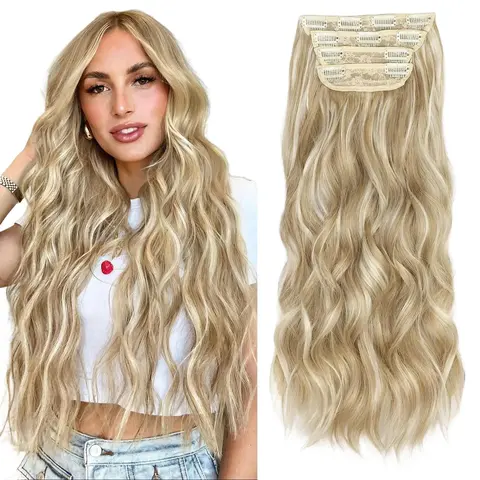 Sohochic AISI HAIR Women's 20-Inch Wavy Clip-In Hair Extensions - 4-Piece 190g Thick Double Weft, Glueless Kinky Edges, 613 Blonde Synthetic Hairpiece, Heat Resistant Fiber, Fringe, Instant Glam, Versatile Care, Safe Comfort