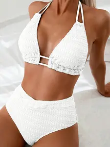 White Textured Halter High Waist Bikini Set with Front Cutout – Tummy Control Sexy Backless Swimwear for Summer Beach