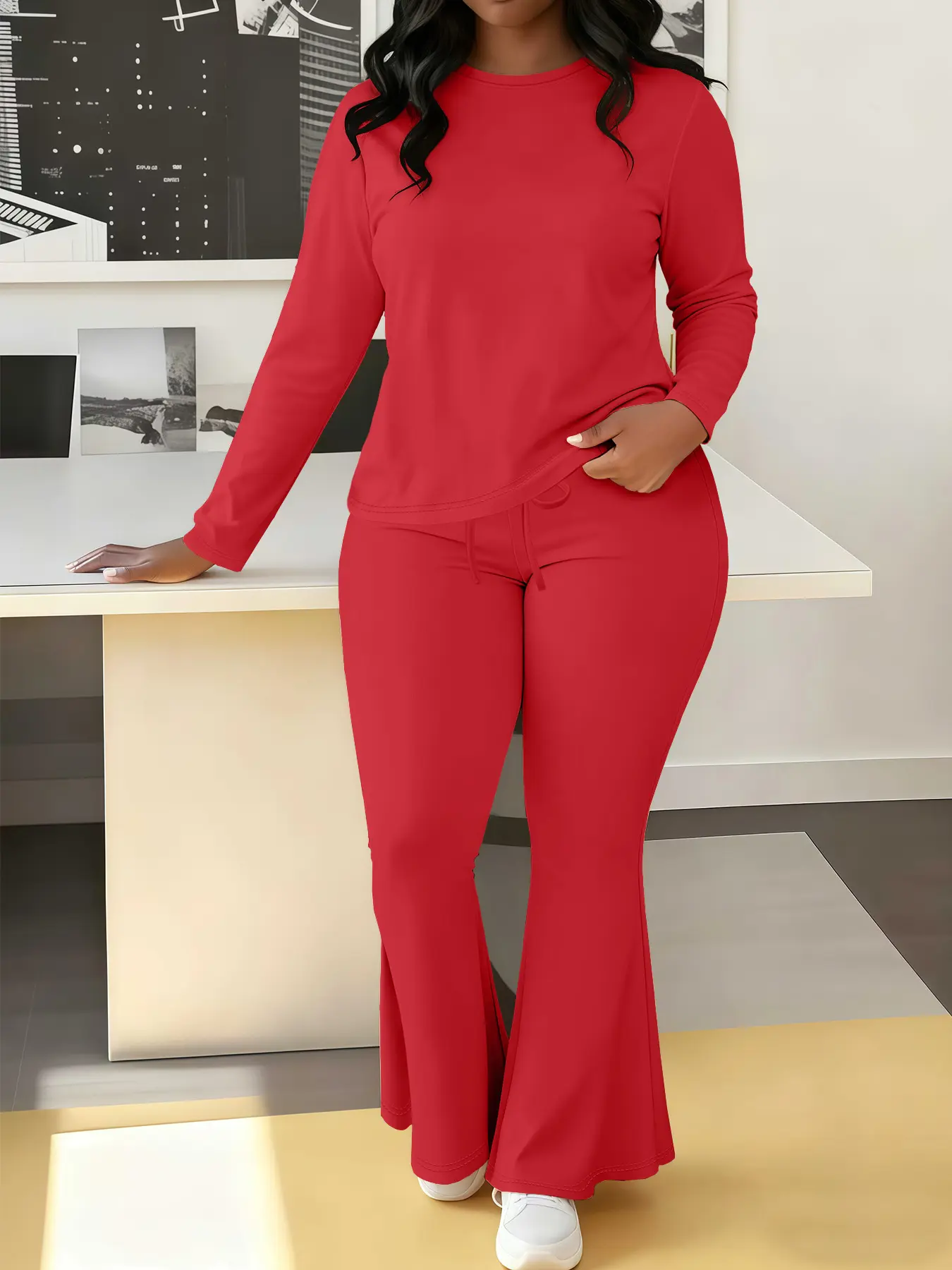 Women's Winter Casual Two-Piece Outfit, Crewneck, Plain Pattern, Suitable for All Seasons, Stylish Outerwear & Inner Layer, Large Size Available