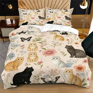 2/3-Piece Cute Cat Duvet Cover Set. Cat-patterned bedding includes 1 duvet cover and 2 pillowcases (inserts not included). Adorable style, suitable for kids and adults.