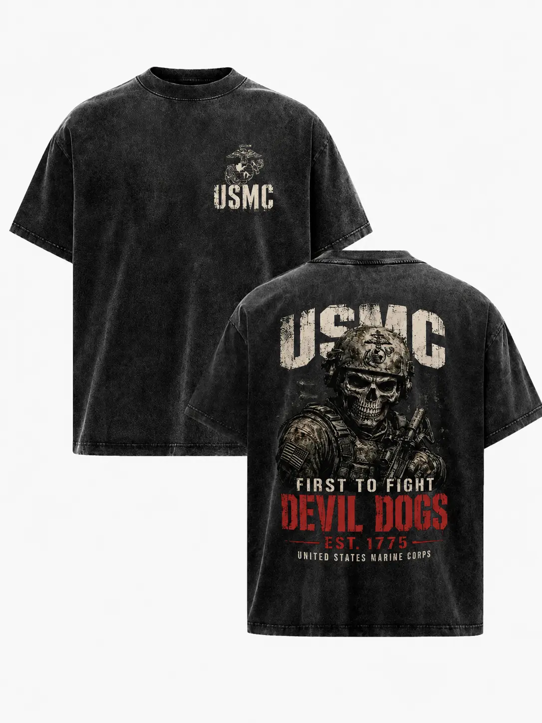 USMC Devil Dogs Washed T-Shirt, United States Marine Corps Graphic Tee, Vintage Black Military Style Shirt, First To Fight Marine Pride Gift For Men Dad Veteran Menswear