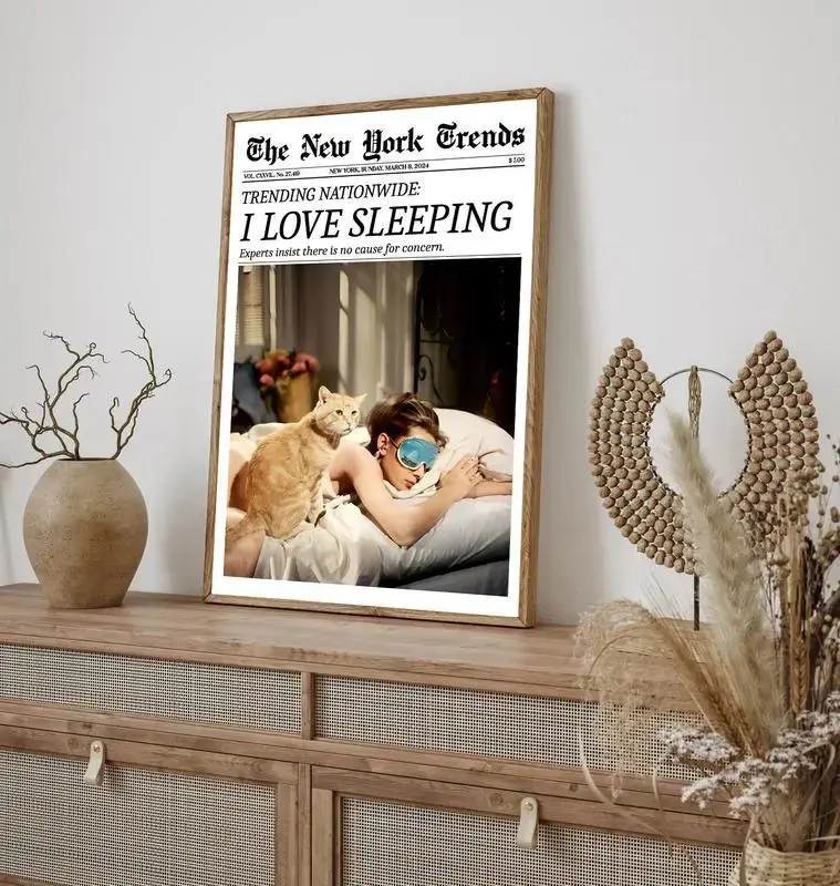 Funny 'I Love Sleeping' Poster - Cozy Bedroom Wall Art, Newspaper Style Decor for Sleep Enthusiasts  , Ornaments Gift Artistic Decoration