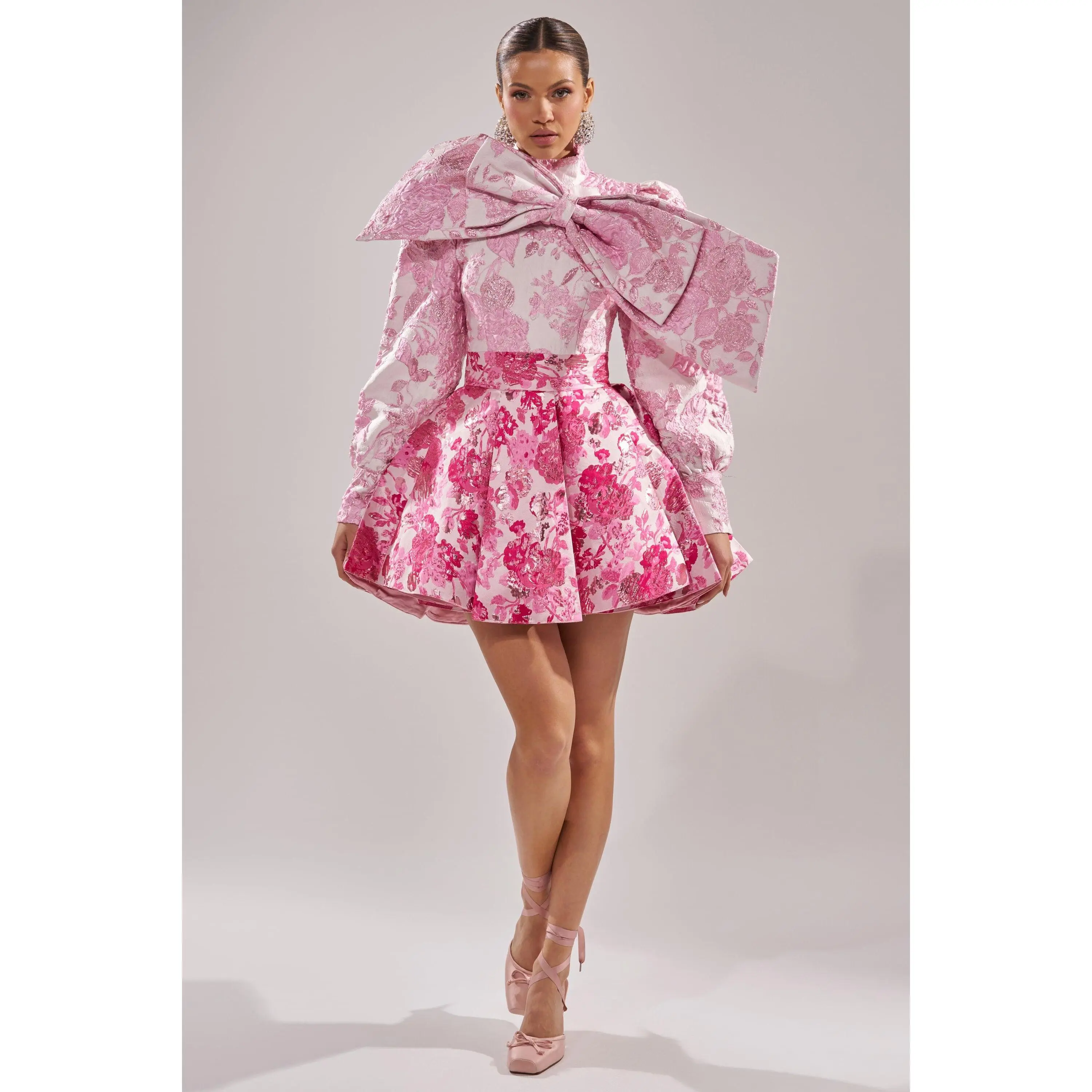 RENAISSANCE TWO-TONE BROCADE MINI DRESS IN PINK