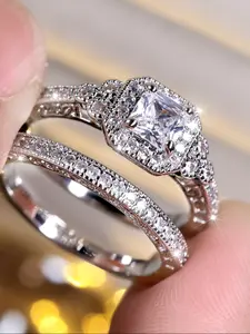 2PCS Casual Rings for Women Synthetic Zirconia Engagement Wedding Jewelry Ring Set for All Seasons, Perfect Gift for Women & Girls, Daily Wear Accessories, Cubic Zirconia Solitaire