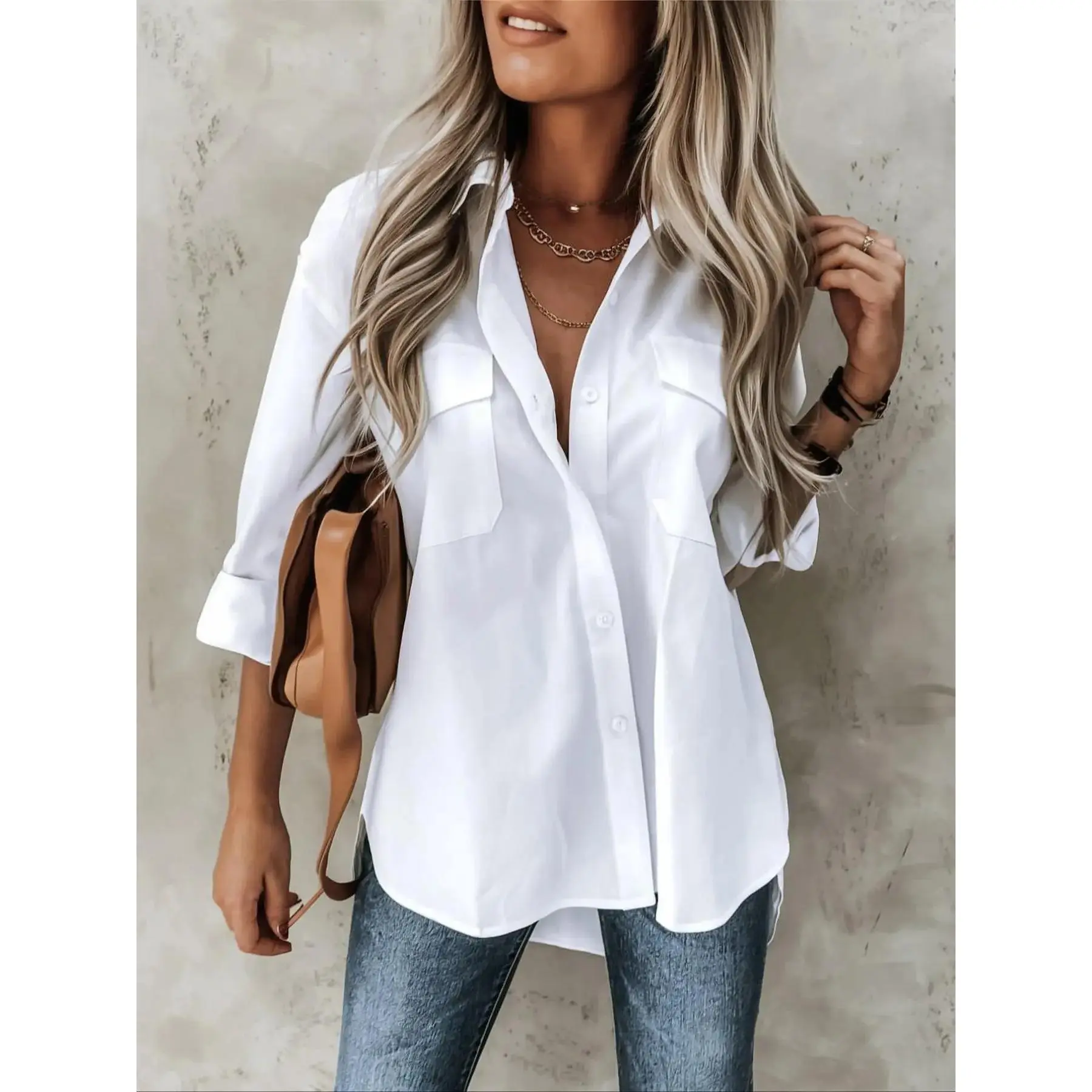 Plus Size Plain Pocket Button Front High Low Hem Shirt Blouse, Casual Drop Shoulder Roll Up Sleeve Shirt for Summer, Women's Clothes for Daily Wear