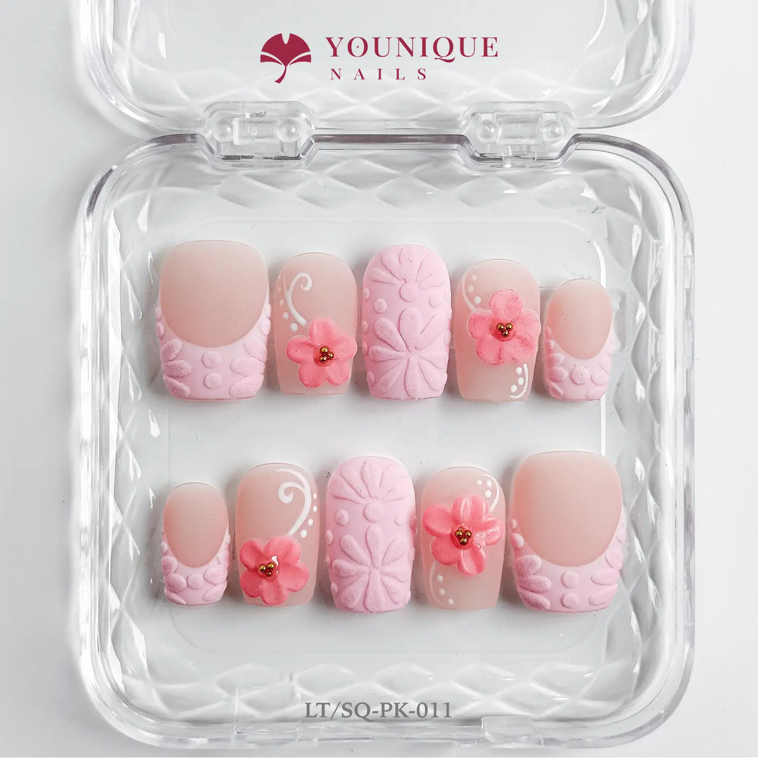 Younique Nails Short Square Press-On Nails Collection 10PCS 100% Handmade Reusable with Poly Extension Gel White Pearlescent Shimmer Sparkly Studded Rhinestone Glitter Cat Eye Chic Art Crème