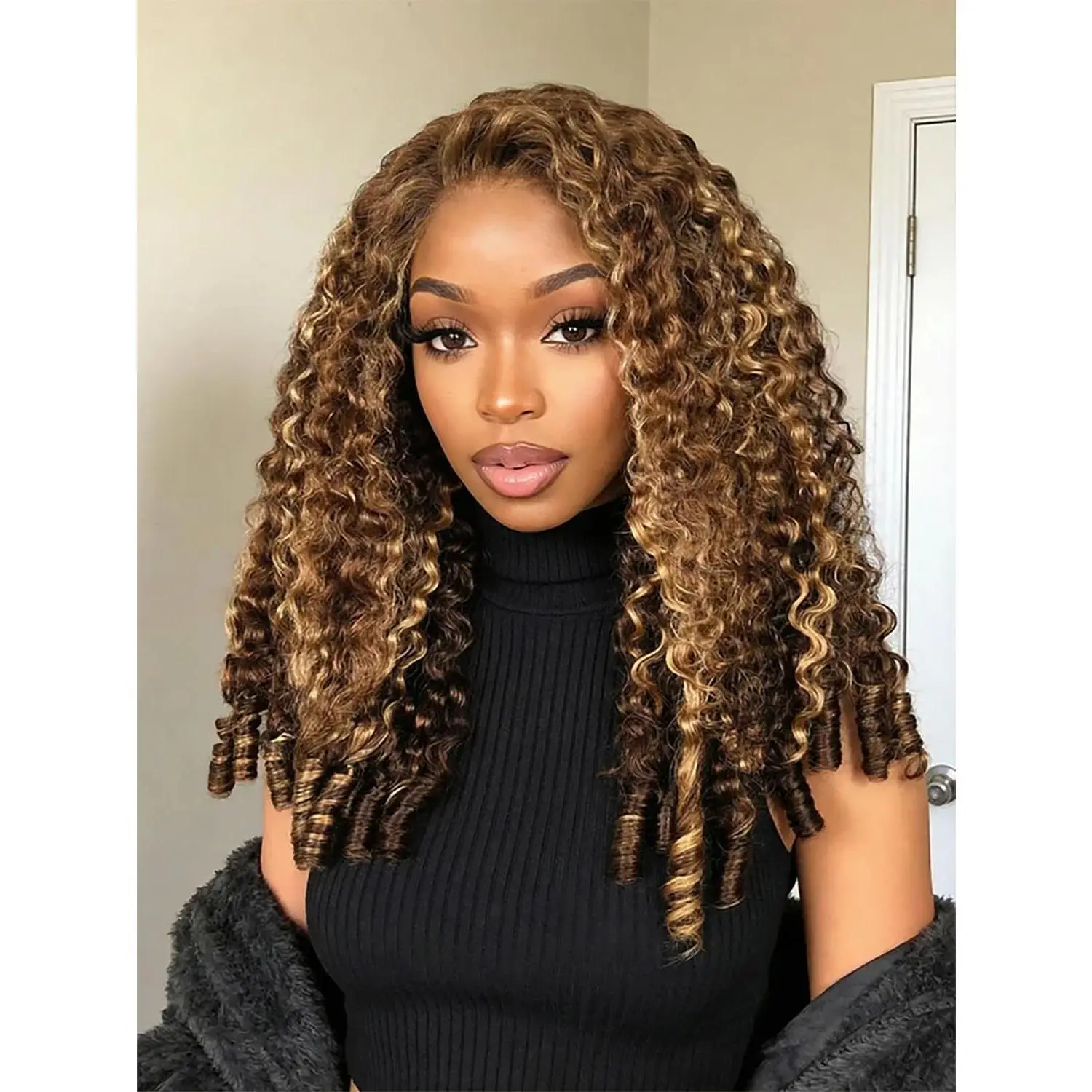 Highlight Burmese Curly Glueless Wigs Human Hair Pre Plucked Pre Cut 180% Density Honey Blonde Ombre Drawstring Wig Human Hair 9x6  Lace Wear and Go Glueless Wig for Women 20 Inch