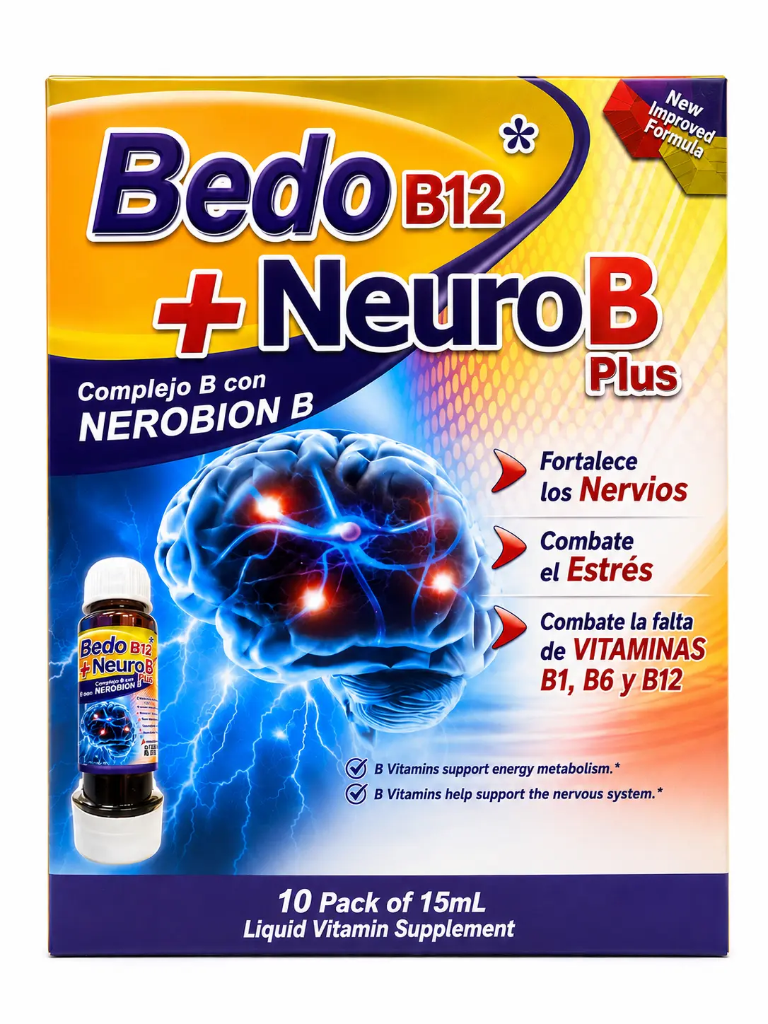 Bedo B12 + NeuroB Plus - Nueva Formula de Complejo B - Suplemento Vitaminico 10 Bebibles - Vitamin B Complex - Liquid Vitamin Supplement 10 Pack of 15mL each - Liquid Vitamin B Supplement - Daily Support
