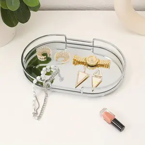 1pc Iron Frame with Golden and Silvery Edges Oval Glass Mirror Tray, European Style Mirror Glass Storage Tray for Home Living Room, Luxurious Tea Cup Plate