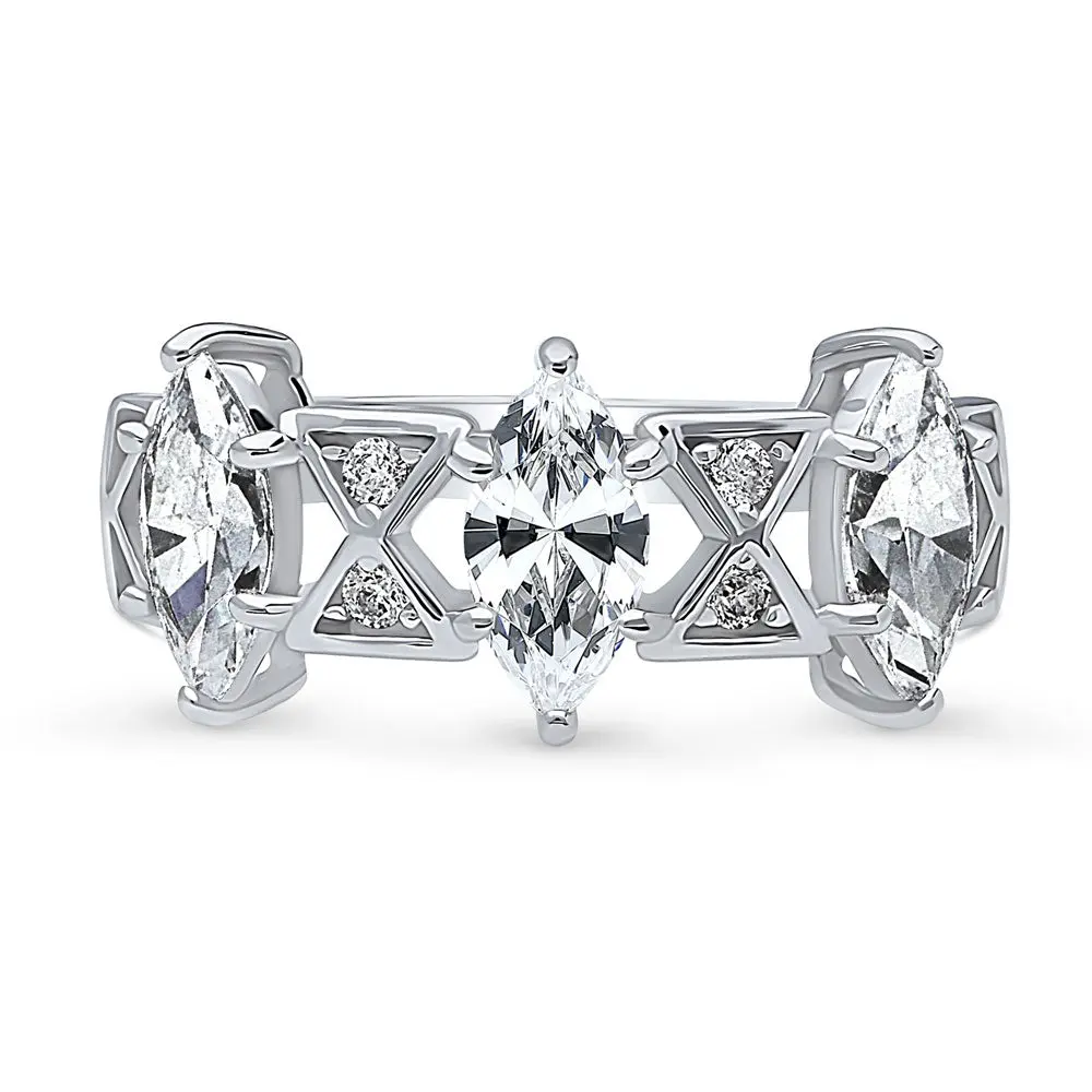 BERRICLE Sterling Silver 3-Stone Art Deco Statement Cocktail Ring for Women, 1.35 Carat Marquise Cut Cubic Zirconia CZ