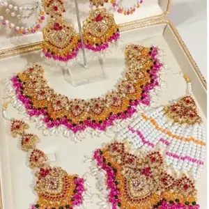 Nauratan Semi Bridal Set Party Wear Wedding Jewelry with Green & White Beads Gold Accents Earrings Necklace Bracelet