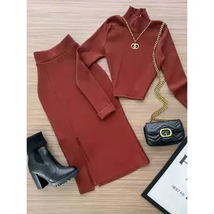 Women’s casual fashion long-sleeve top set, commuter-style skirt suit pairing, regular length, plain pattern for fall and winter, matching clothing set