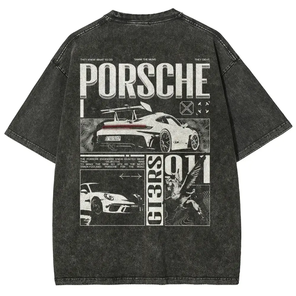 Stuttgart Sports Car Shirt, Flat-Six Racing Graphic Tee, Vintage Washed 230G Heavyweight Cotton Oversized Double-Sided T-Shirt, Retro Motorsport Streetwear, Unisex