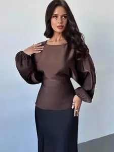 Elegant Satin Lantern Sleeve Top Blouse, High-Quality Luxurious Design, Vintage Retro Style, Waist Cinching, Show off Elegance and Fashion