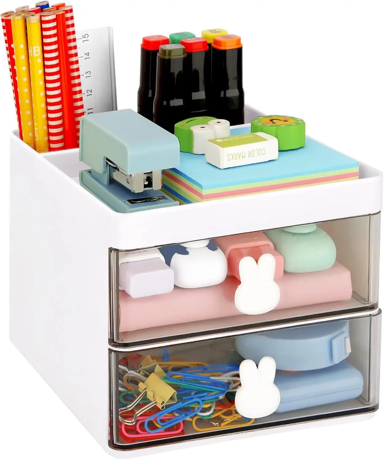 LETURE Small Desk Organizer with Drawer, Office Desktop Storage Box, Business Card/Pen/Pencil/Mobile Phone/Stationery Holder Storage Box, Makeup Organizer for Office School Home (White)