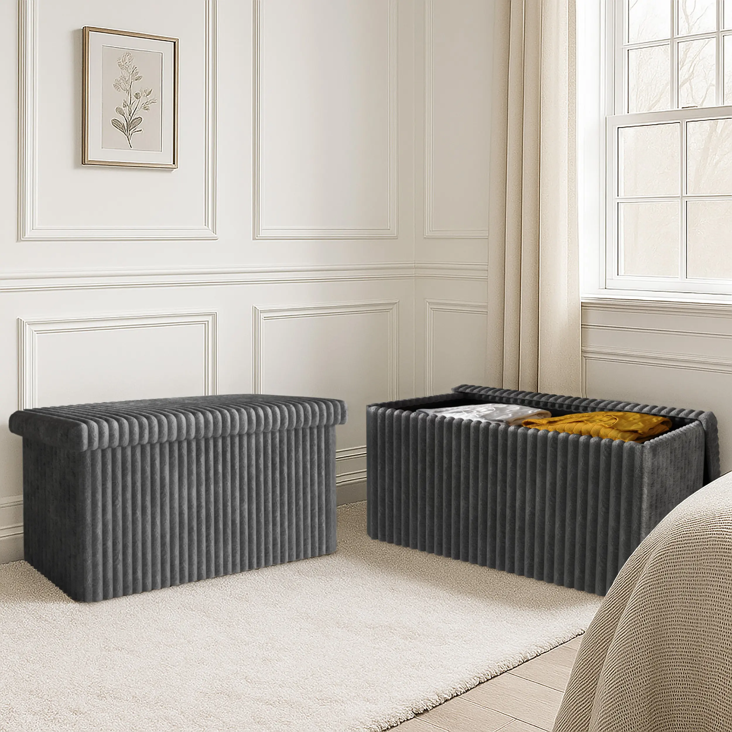 Favorer Florence 30" Tufted Corduroy Upholstered Foldable Storage Ottoman Bench (Set of 2) - Apartment Furniture, Footstool with Storage, Furniture Ottoman for Bedroom, Entryway